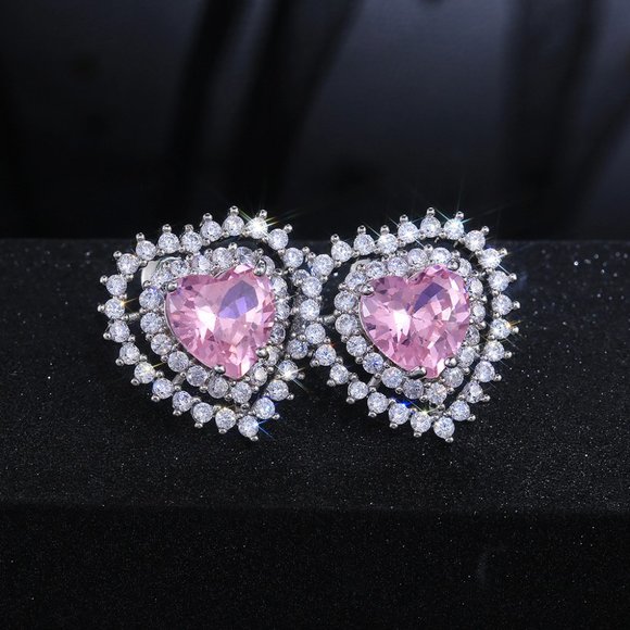 Jewelry - 💛 Zircon Stone Pink Heart Stud Earrings For Women, VP1012